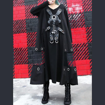 Black Pure Traveling Baggy Dresses V Neck Appliques Midi Dress