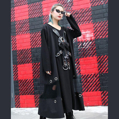 Black Pure Traveling Baggy Dresses V Neck Appliques Midi Dress