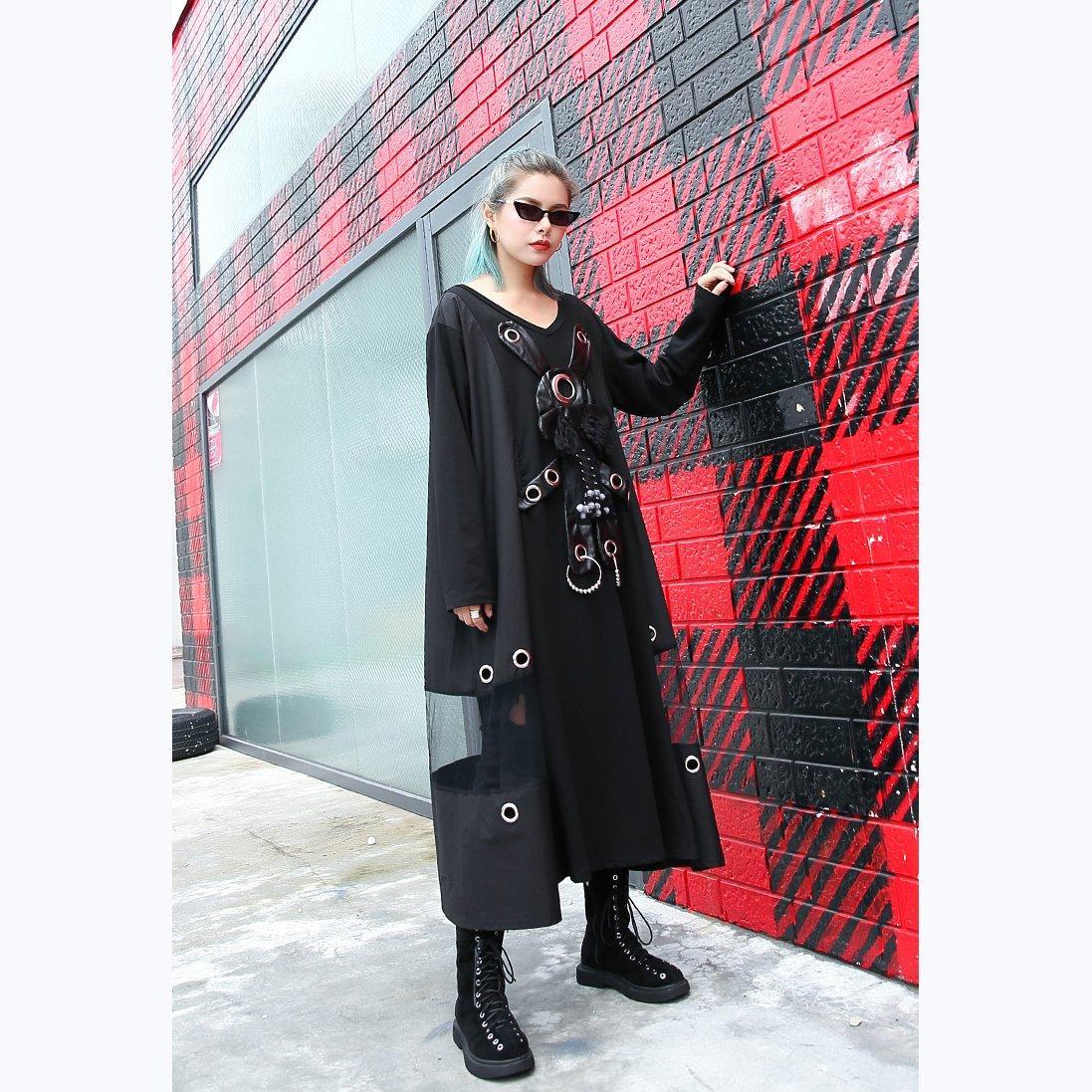Black Pure Traveling Baggy Dresses V Neck Appliques Midi Dress