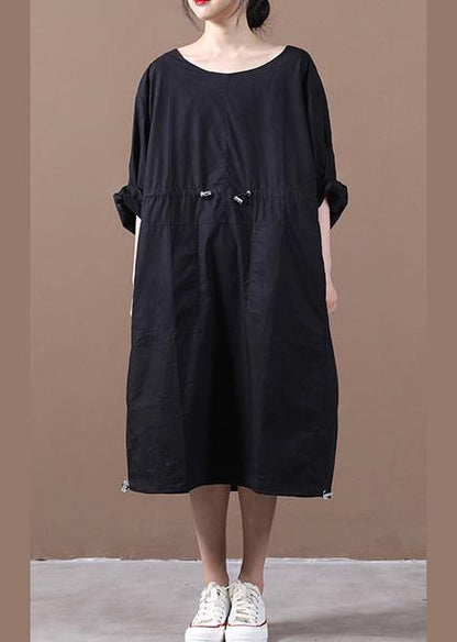 Black Quilting Dresses O Neck Drawstring Kaftan Spring Dresses