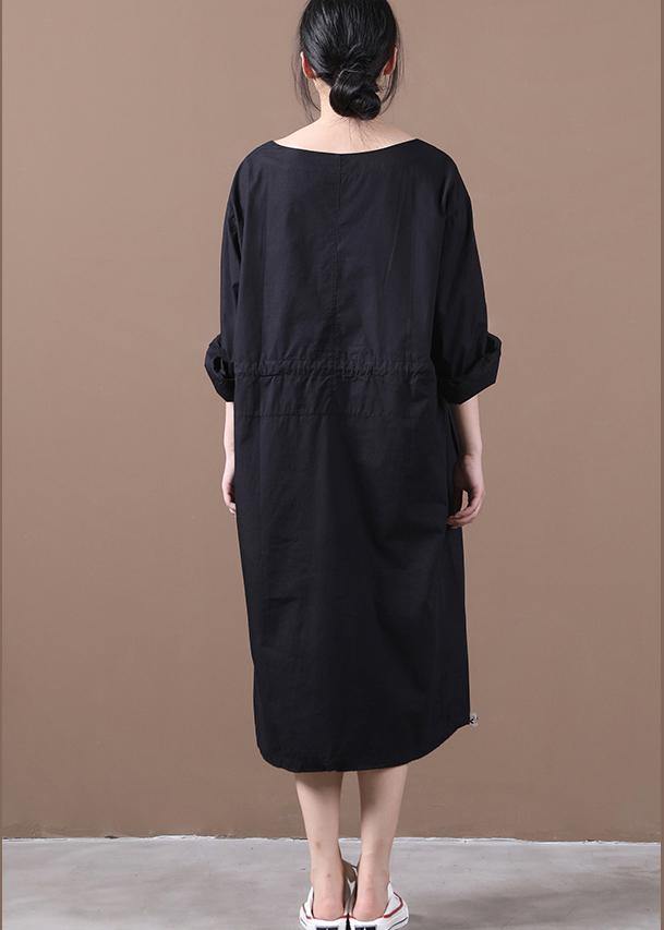 Black Quilting Dresses O Neck Drawstring Kaftan Spring Dresses
