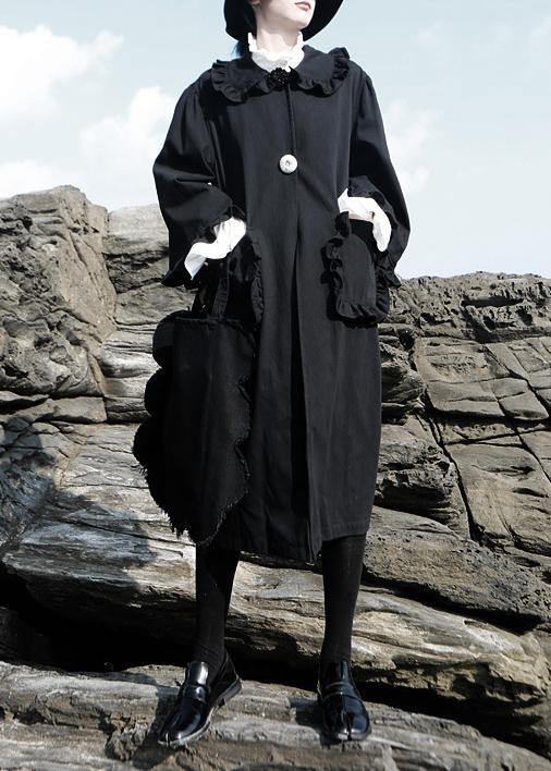 Black Stand Collar Cotton Clothes Flare Sleeve Cotton Robes Ruffles Shirt Dress