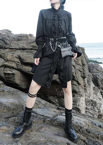 Elegant black stand collar cotton clothes Women flare sleeve cotton robes ruffles shirt Dress