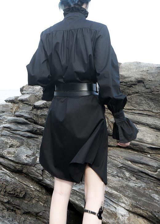 Elegant black stand collar cotton clothes Women flare sleeve cotton robes ruffles shirt Dress