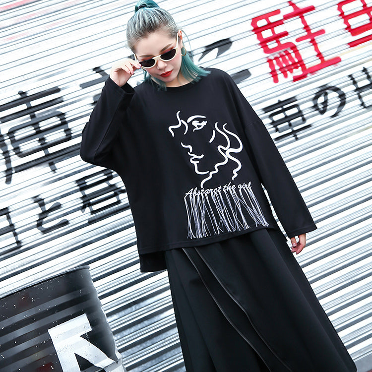 Black T Shirt Oversize O Neck Embroider Fabric Cotton Blended T Shirt Tassel Baggy T Shirt