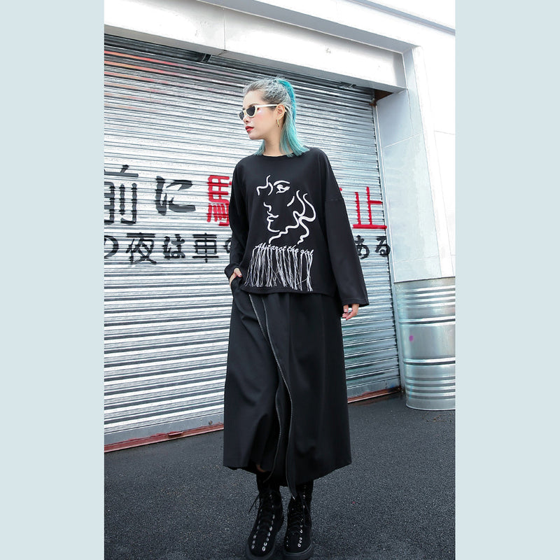 Black T Shirt Oversize O Neck Embroider Fabric Cotton Blended T Shirt Tassel Baggy T Shirt