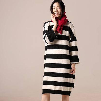Black White Woolen Coats Medium Length Coat Side Open O Neck Spring Woolen Outwear