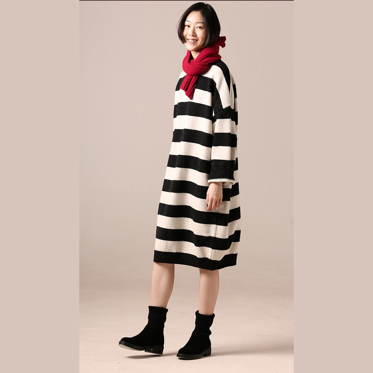 Black White Woolen Coats Medium Length Coat Side Open O Neck Spring Woolen Outwear