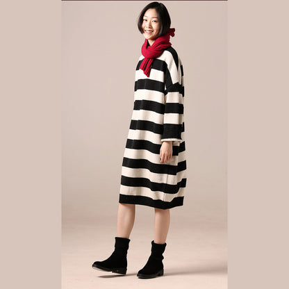 Black White Woolen Coats Medium Length Coat Side Open O Neck Spring Woolen Outwear
