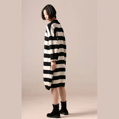 Black White Woolen Coats Medium Length Coat Side Open O Neck Spring Woolen Outwear