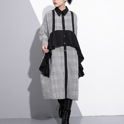 Black White Plaid Cotton Caftans Ruffles Cotton Clothing Dress Fine Lapel Collar Cotton Caftans