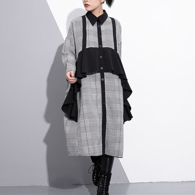 Black White Plaid Cotton Caftans Ruffles Cotton Clothing Dress Fine Lapel Collar Cotton Caftans