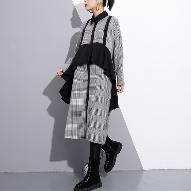 Black White Plaid Cotton Caftans Ruffles Cotton Clothing Dress Fine Lapel Collar Cotton Caftans