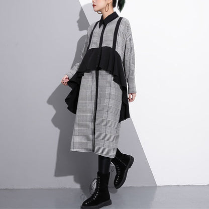 Black White Plaid Cotton Caftans Ruffles Cotton Clothing Dress Fine Lapel Collar Cotton Caftans