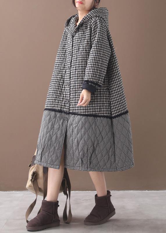 Black White Plaid Winter Coats Clothing Hooded Patchwork Winter Outwear