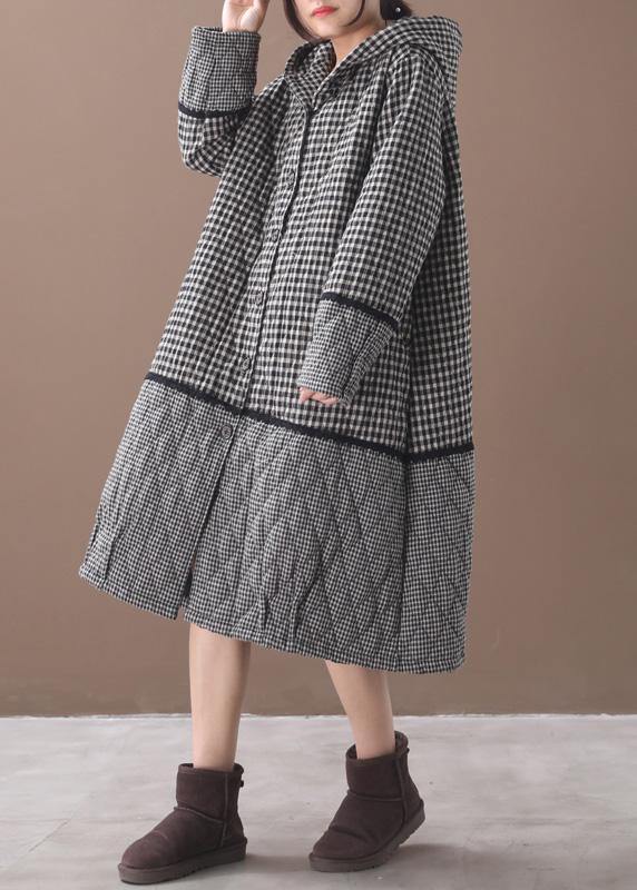Black White Plaid Winter Coats Clothing Hooded Patchwork Winter Outwear