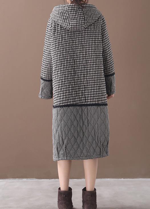 Black White Plaid Winter Coats Clothing Hooded Patchwork Winter Outwear