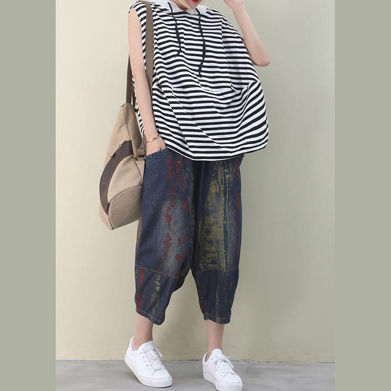 Black White Striped Cotton Top Hooded Sleeveless Baggy Blouse