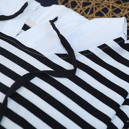 Black White Striped Cotton Top Hooded Sleeveless Baggy Blouse