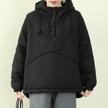 Black Parka Snow Jackets Hooded Drawstring Coats