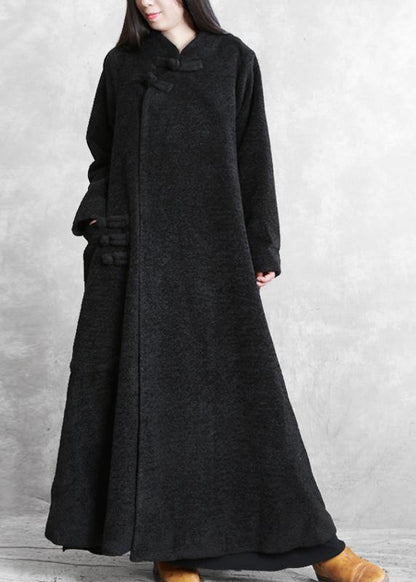 Black Woolen Outwear Clothing Stand Collar Asymmetric Long Coat