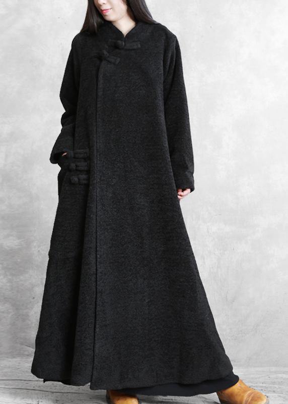 Black Woolen Outwear Clothing Stand Collar Asymmetric Long Coat