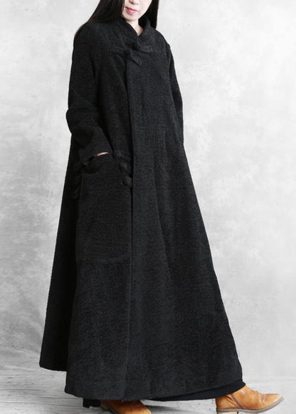 Black Woolen Outwear Clothing Stand Collar Asymmetric Long Coat
