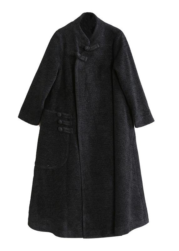 Black Woolen Outwear Clothing Stand Collar Asymmetric Long Coat