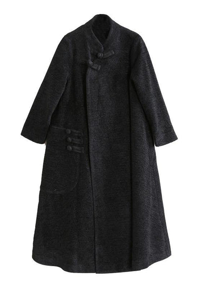 Black Woolen Outwear Clothing Stand Collar Asymmetric Long Coat