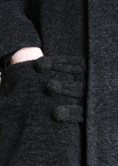 Black Woolen Outwear Clothing Stand Collar Asymmetric Long Coat