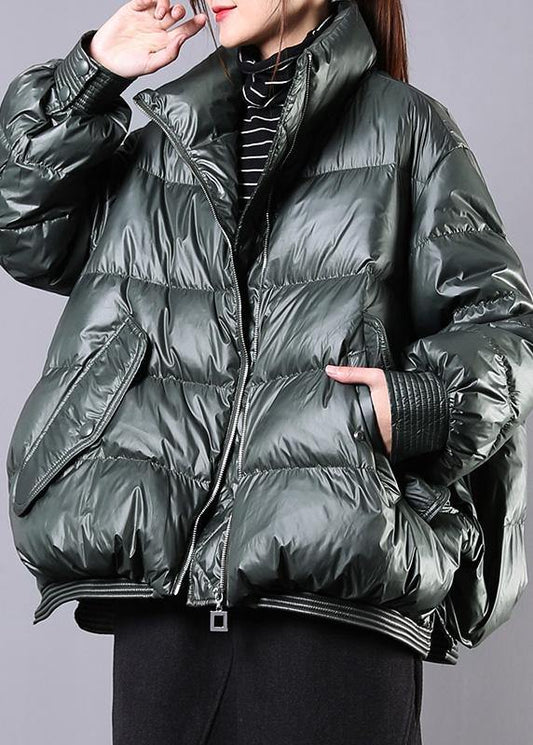 Blackish Green Warm Winter Coat Stand Collar Zippered Jackets