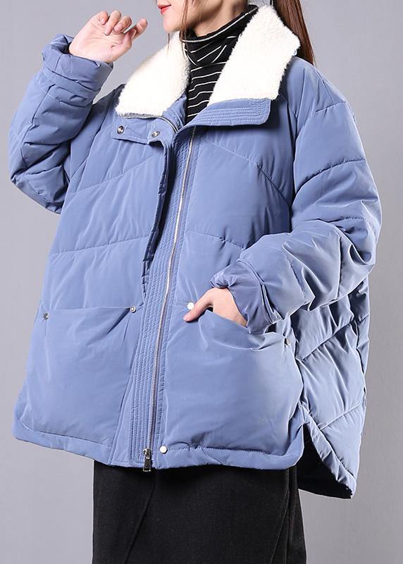 Blue Parkas for Loose Fitting Winter Jacket Lapel Pockets Zippered Overcoat