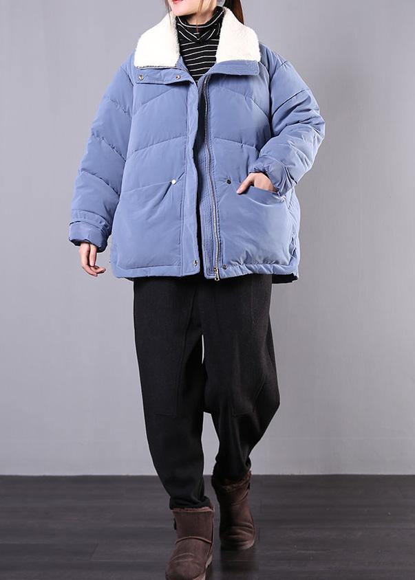 Blue Parkas for Loose Fitting Winter Jacket Lapel Pockets Zippered Overcoat