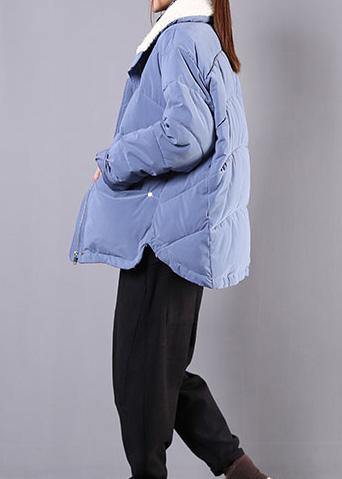 Blue Parkas for Loose Fitting Winter Jacket Lapel Pockets Zippered Overcoat