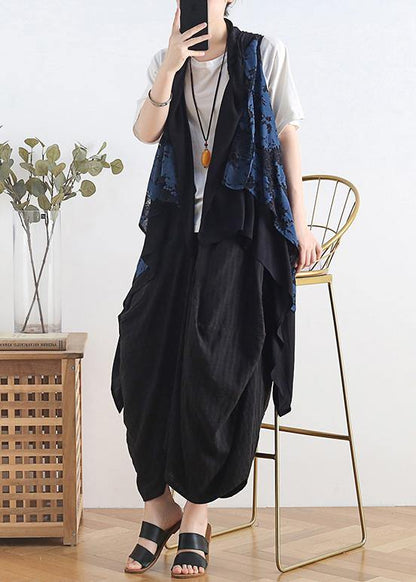 Blue Cotton Blouse Sleeveless Asymmetric Cotton Summer Shirts