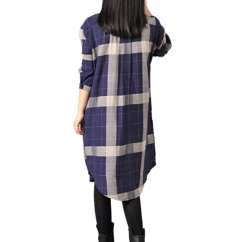 Blue Cotton Dresses Cotton Maxi Dress Lapel Collar Plaid Cotton Dress