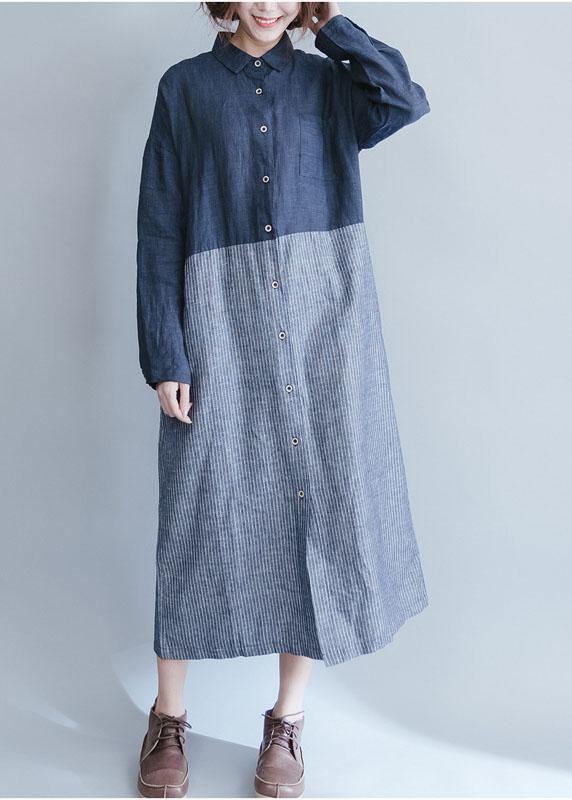 Blue Cotton Linen Wardrobes Lapel Collar Dress Patchwork Striped Dresses