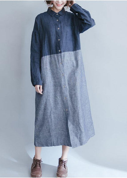 Blue Cotton Linen Wardrobes Lapel Collar Dress Patchwork Striped Dresses