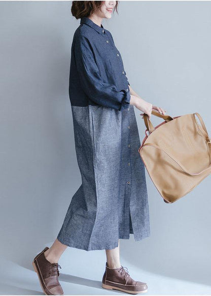 Blue Cotton Linen Wardrobes Lapel Collar Dress Patchwork Striped Dresses