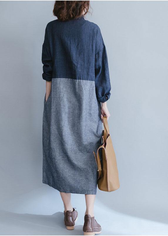 Blue Cotton Linen Wardrobes Lapel Collar Dress Patchwork Striped Dresses