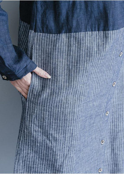 Blue Cotton Linen Wardrobes Lapel Collar Dress Patchwork Striped Dresses