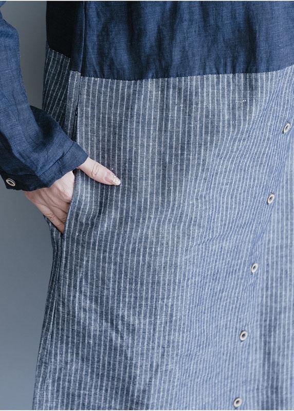 Blue Cotton Linen Wardrobes Lapel Collar Dress Patchwork Striped Dresses