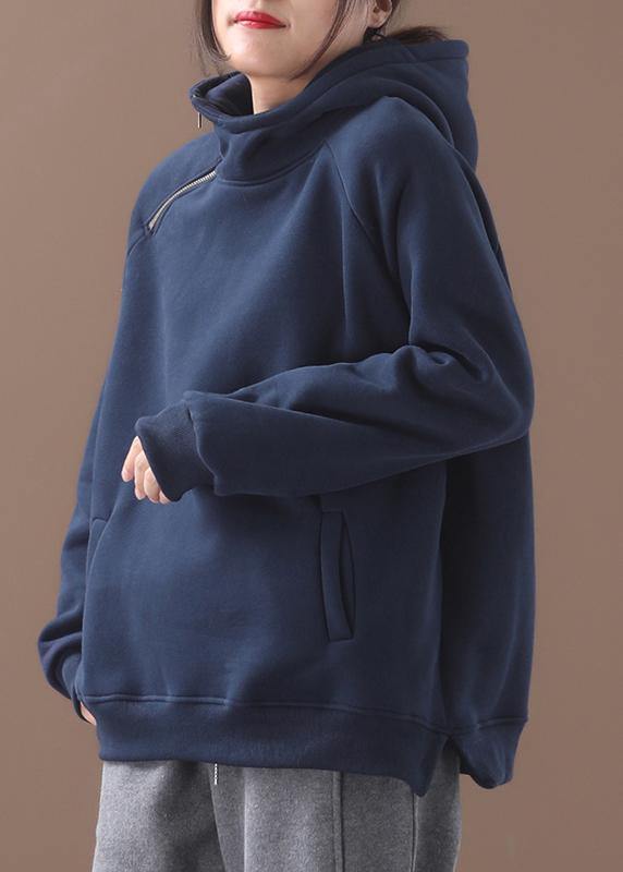 Blue Hooded Cotton Shirts Zippered Clothing Winter Tops