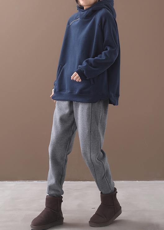 Blue Hooded Cotton Shirts Zippered Clothing Winter Tops