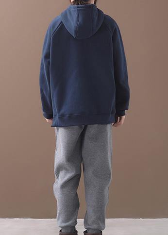 Elegant blue hooded cotton shirts zippered Plus Size Clothing winter tops