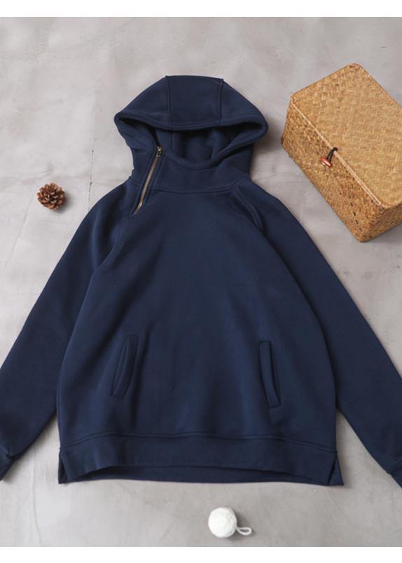 Blue Hooded Cotton Shirts Zippered Clothing Winter Tops