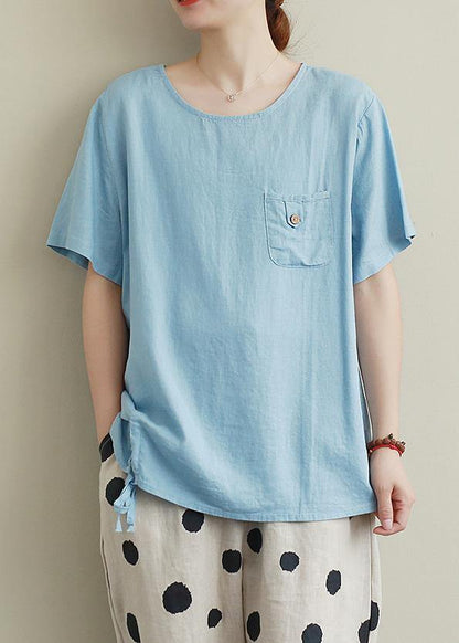 Blue Linen Box Top Ideas O Neck Drawstring Summer Top