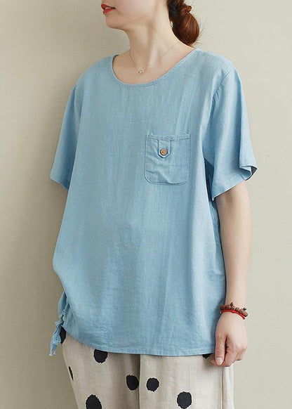 Blue Linen Box Top Ideas O Neck Drawstring Summer Top