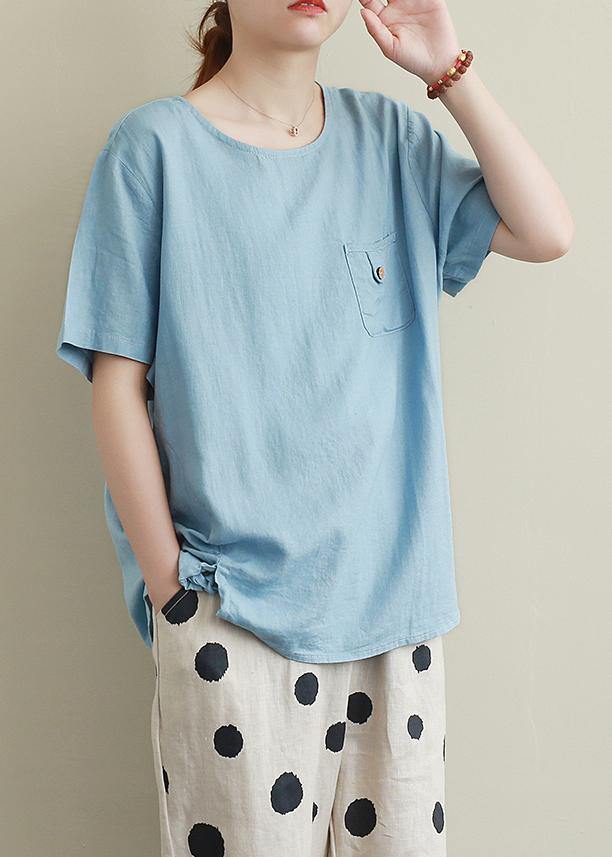 Blue Linen Box Top Ideas O Neck Drawstring Summer Top