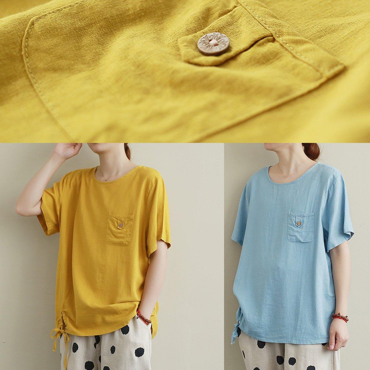 Blue Linen Box Top Ideas O Neck Drawstring Summer Top